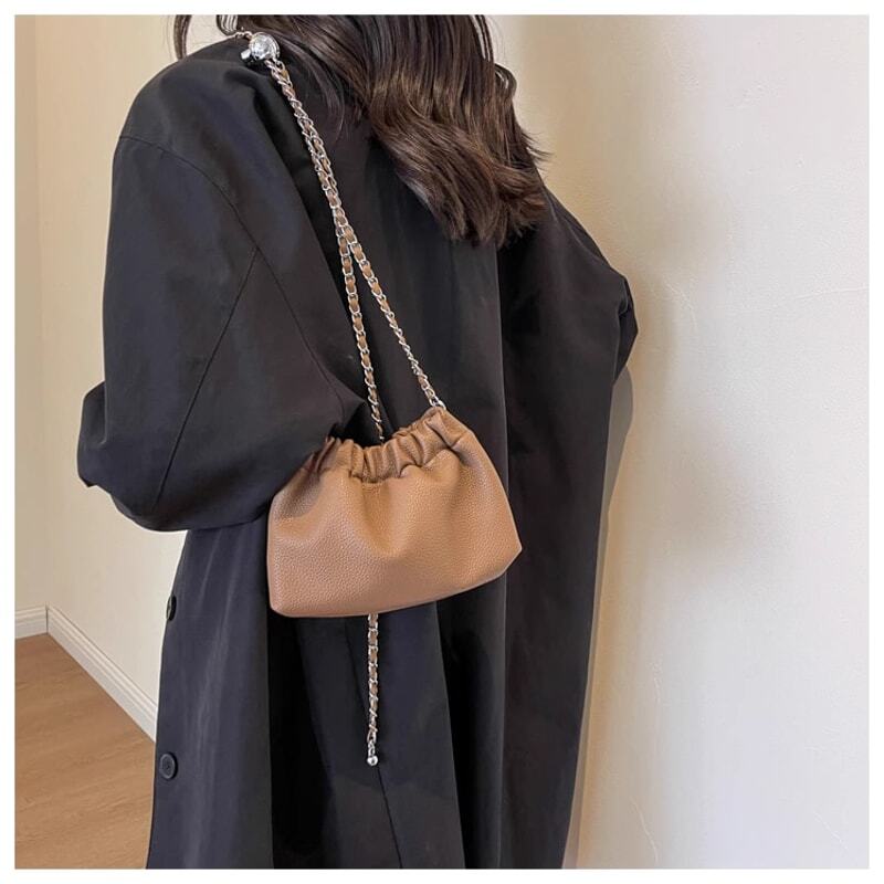 【25%OFF Weekly SALE】レザー&チェーンショルダーストラップドローストリングバッグ