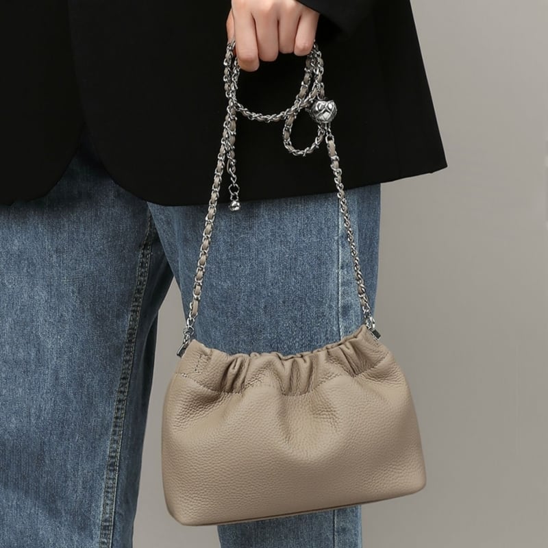 【25%OFF Weekly SALE】レザー&チェーンショルダーストラップドローストリングバッグ