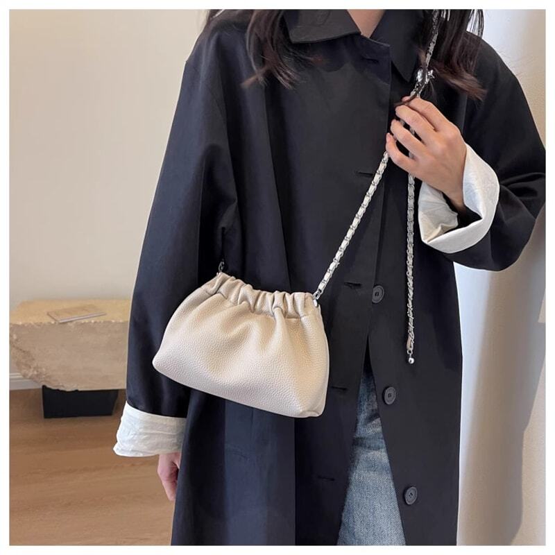 【25%OFF Weekly SALE】レザー&チェーンショルダーストラップドローストリングバッグ
