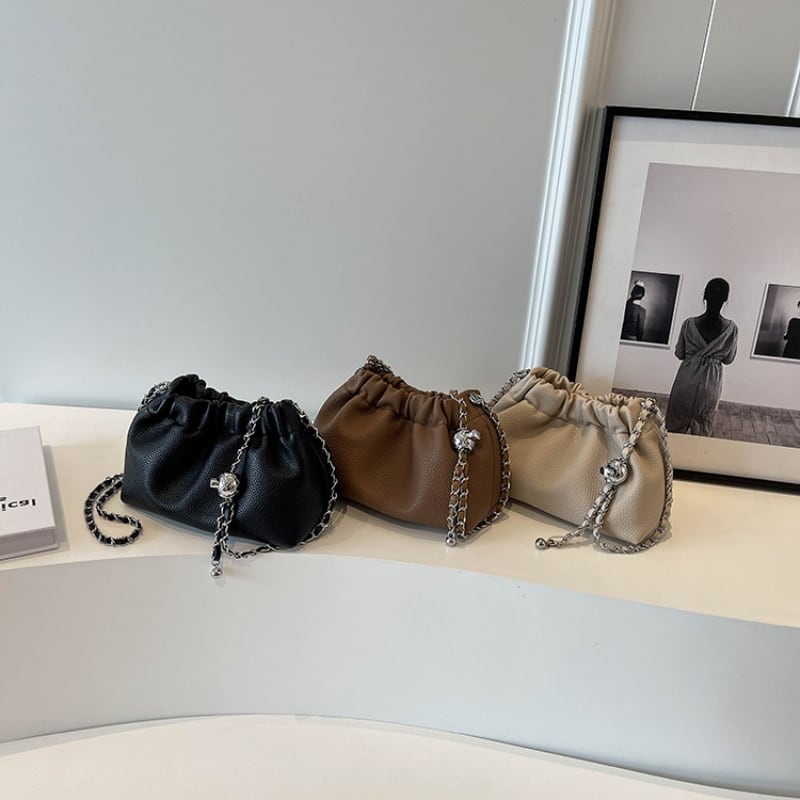 【25%OFF Weekly SALE】レザー&チェーンショルダーストラップドローストリングバッグ