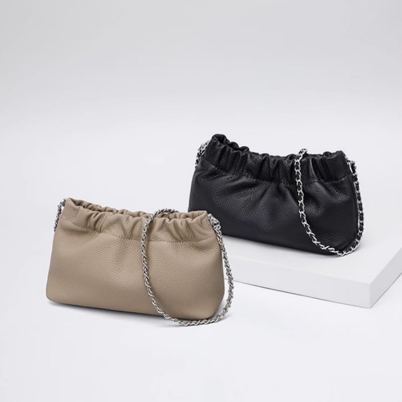 【25%OFF Weekly SALE】レザー&チェーンショルダーストラップドローストリングバッグ