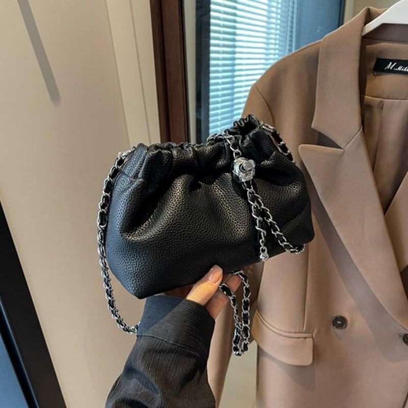 【25%OFF Weekly SALE】レザー&チェーンショルダーストラップドローストリングバッグ