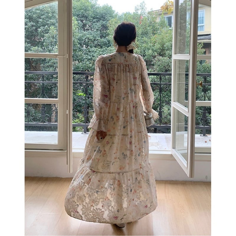 パステルカラーフローラルパターンレースワンピース