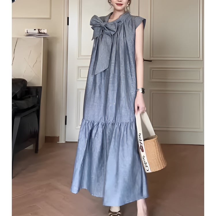 ビッグリボンデザインストライプロングワンピース