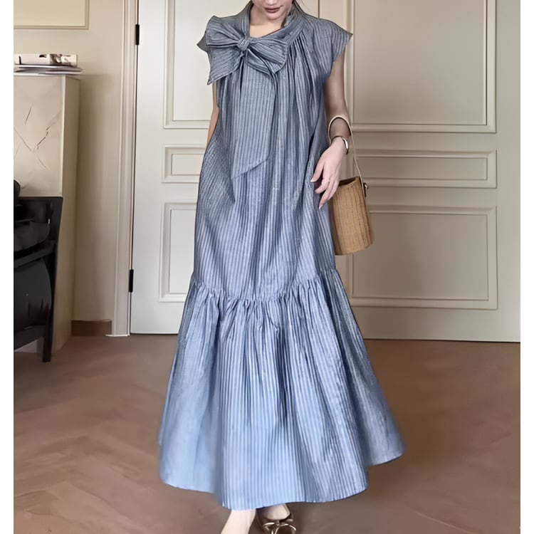 ビッグリボンデザインストライプロングワンピース