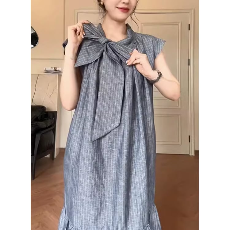 ビッグリボンデザインストライプロングワンピース