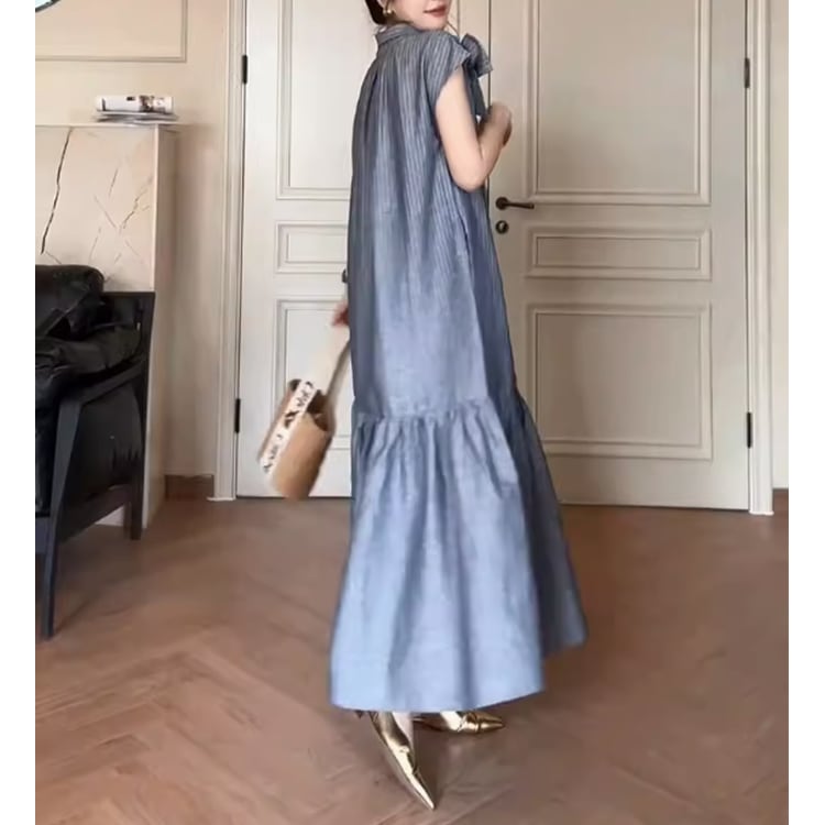 ビッグリボンデザインストライプロングワンピース
