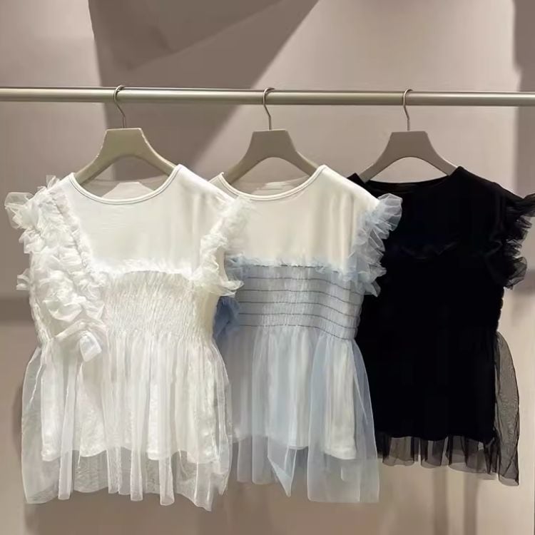 アシンメトリーフリルデザイン&チュールレイヤードトップス