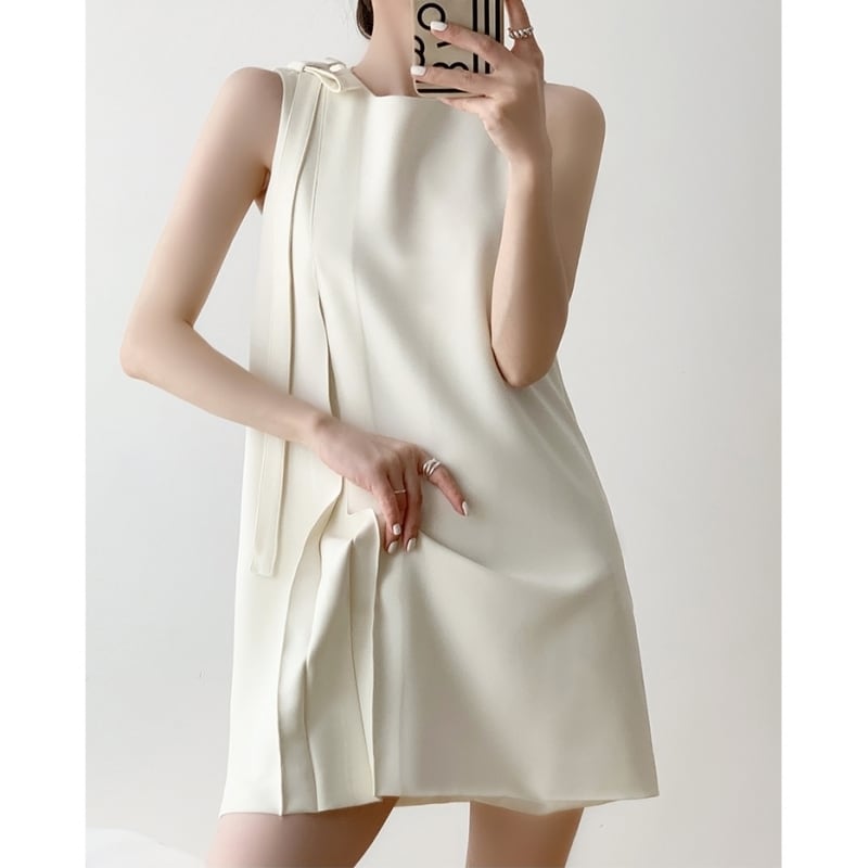 ロングショルダーリボンノースリーブワンピース