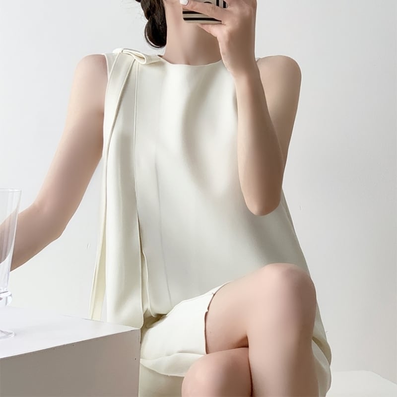 ロングショルダーリボンノースリーブワンピース