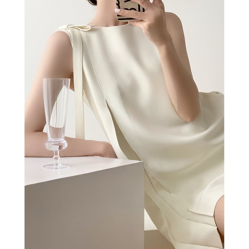 ロングショルダーリボンノースリーブワンピース