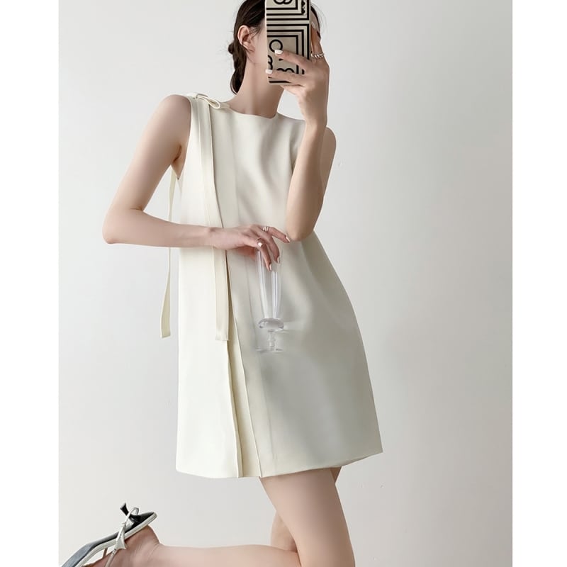 ロングショルダーリボンノースリーブワンピース