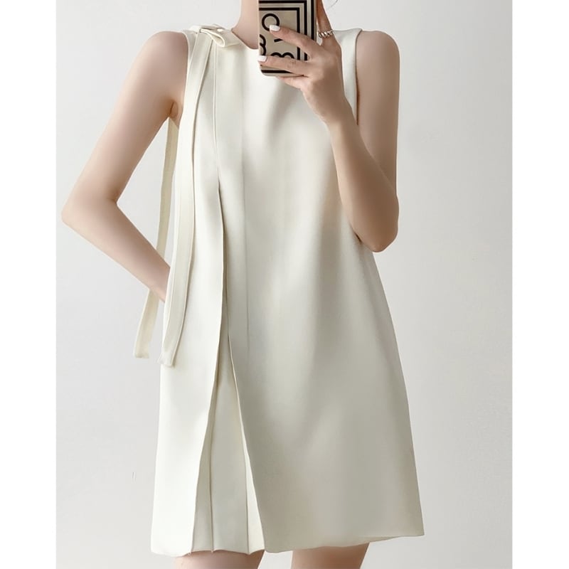 ロングショルダーリボンノースリーブワンピース