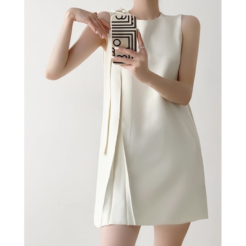 ロングショルダーリボンノースリーブワンピース