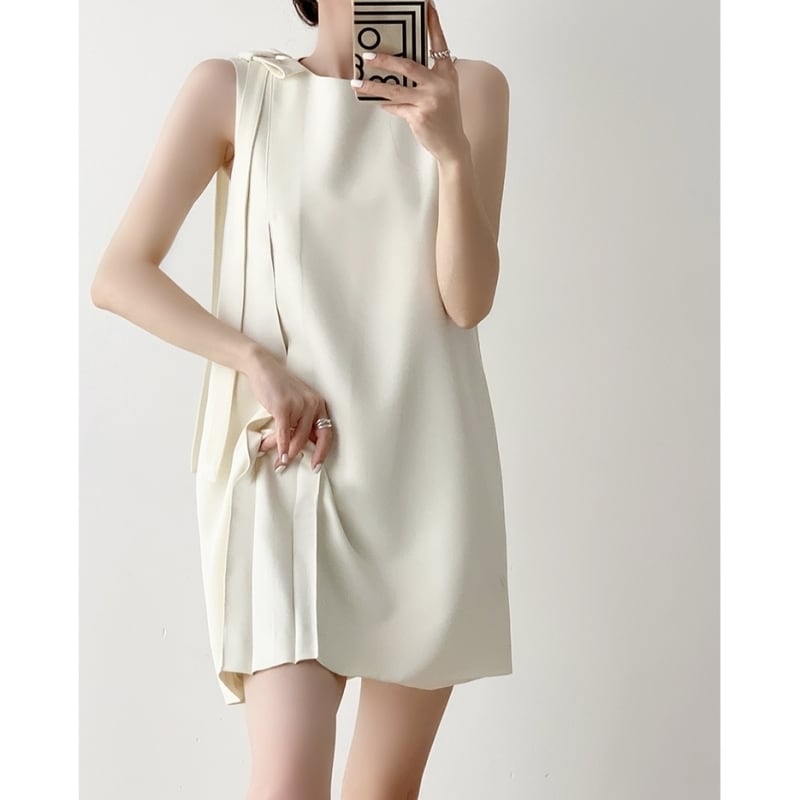 ロングショルダーリボンノースリーブワンピース