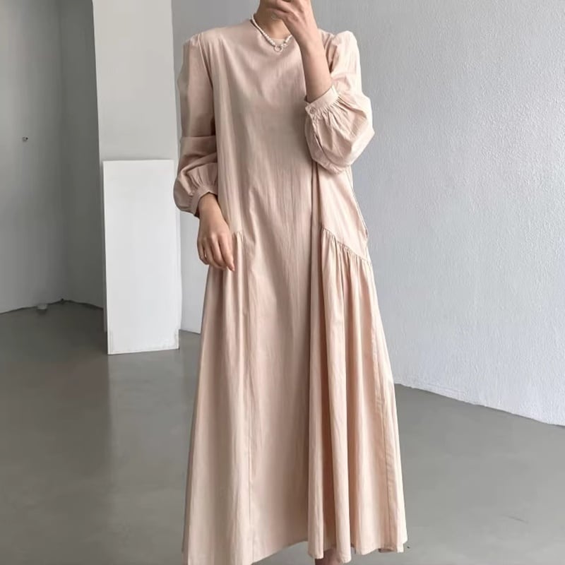 ギャザーデザインパフロングスリーブルーズワンピース
