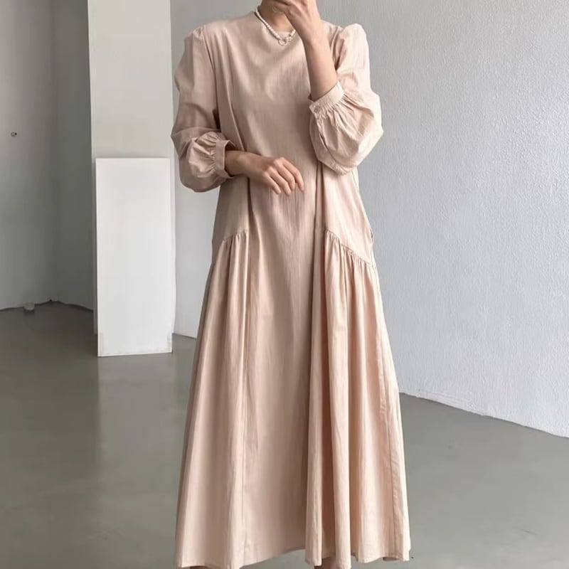 ギャザーデザインパフロングスリーブルーズワンピース