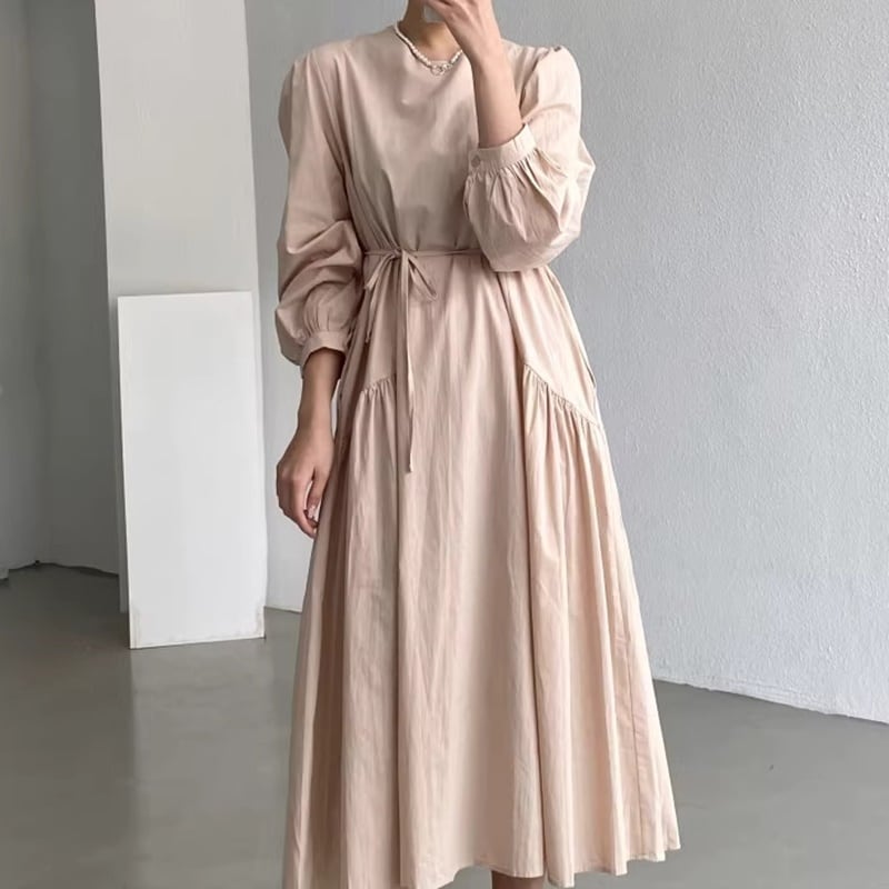 ギャザーデザインパフロングスリーブルーズワンピース