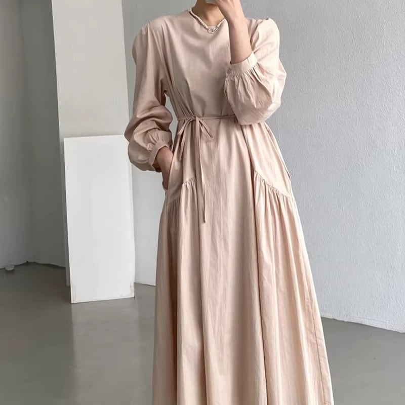 ギャザーデザインパフロングスリーブルーズワンピース