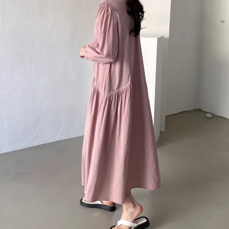 ギャザーデザインパフロングスリーブルーズワンピース