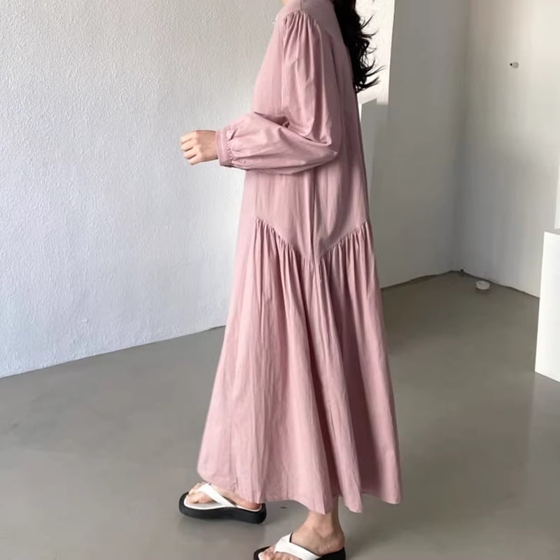 ギャザーデザインパフロングスリーブルーズワンピース