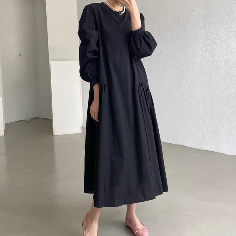 ギャザーデザインパフロングスリーブルーズワンピース