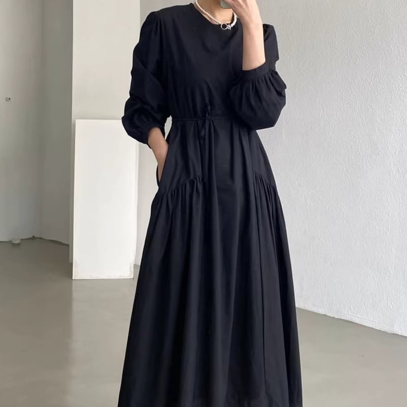 ギャザーデザインパフロングスリーブルーズワンピース