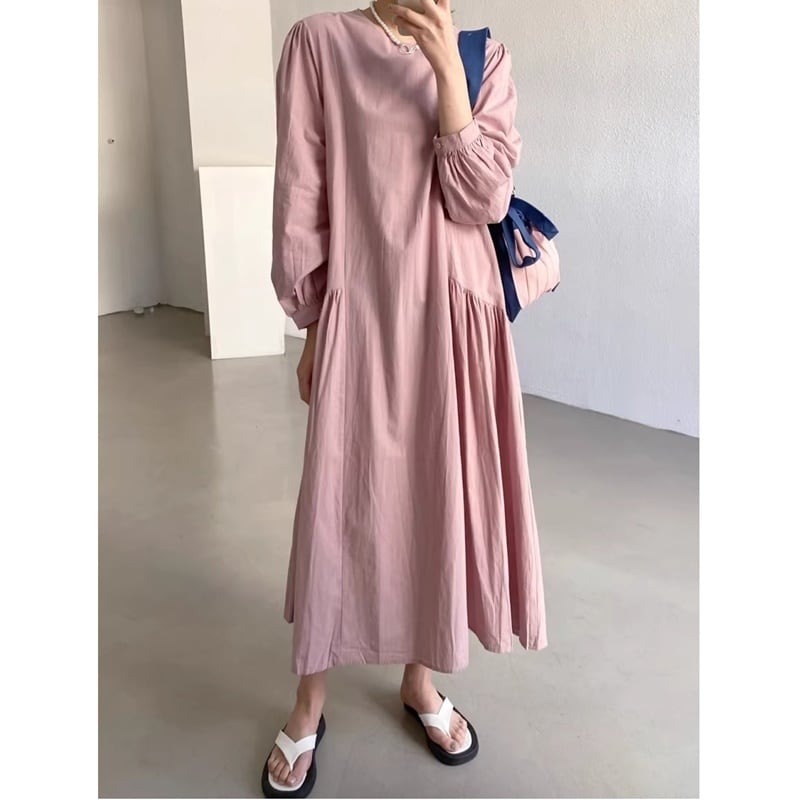 ギャザーデザインパフロングスリーブルーズワンピース