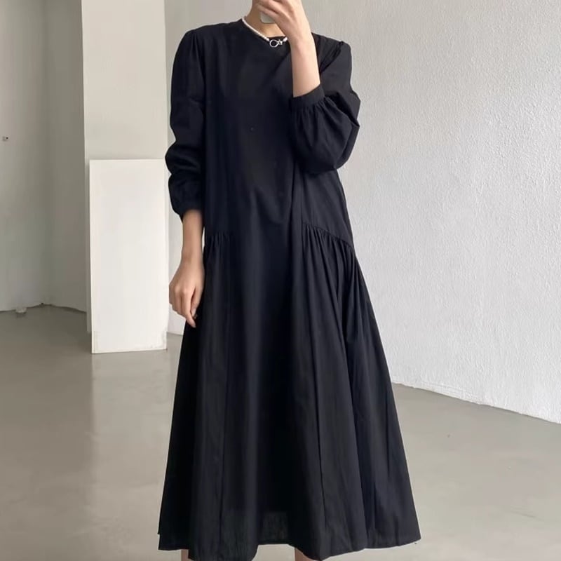 ギャザーデザインパフロングスリーブルーズワンピース