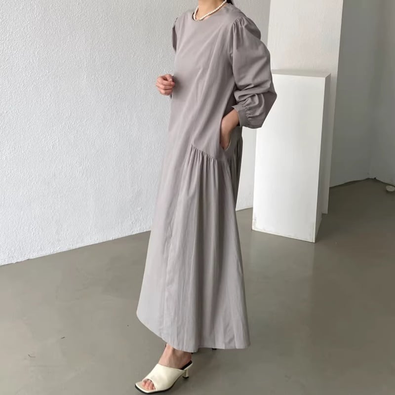 ギャザーデザインパフロングスリーブルーズワンピース