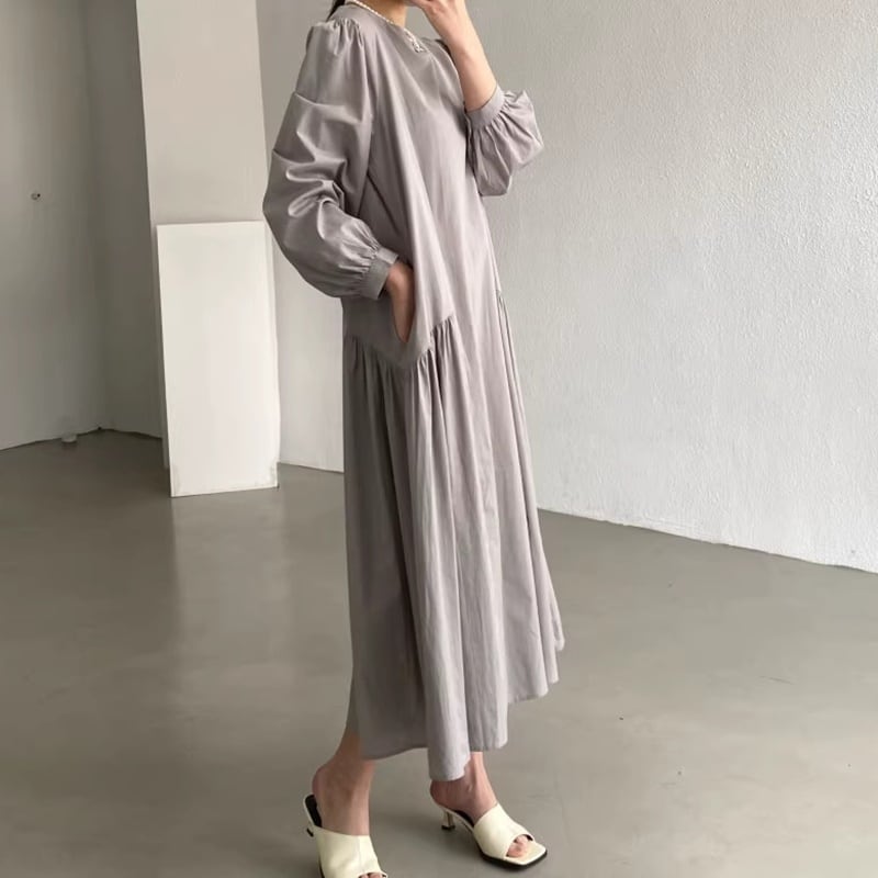 ギャザーデザインパフロングスリーブルーズワンピース