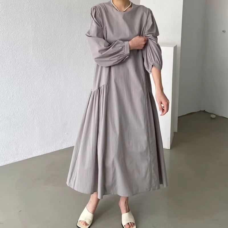 ギャザーデザインパフロングスリーブルーズワンピース