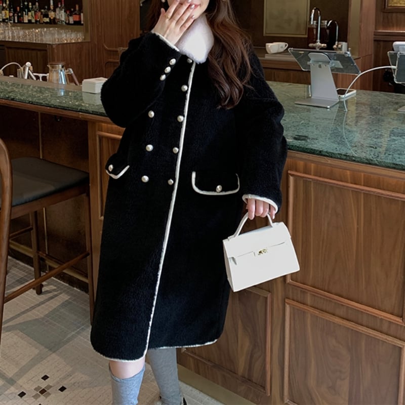 ビッグラペル&パールボタンバイカラーロングコート