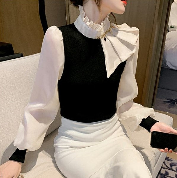 アシンメトリーフリルカラーシフォンシャツ