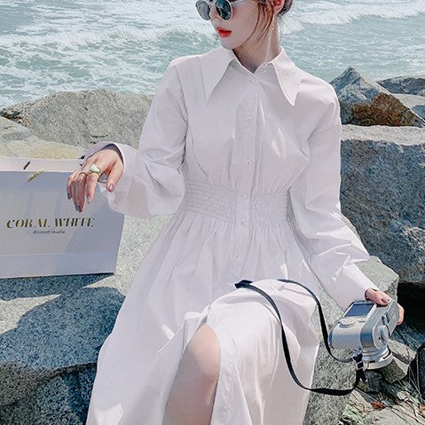 ギャザーウエスト&ウェーブヘムミディシャツワンピース