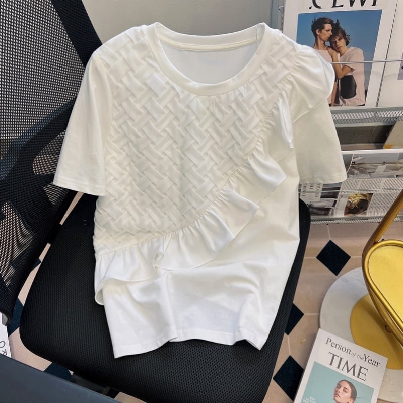 ウェービング&プレーンパターンフリルデザインTシャツ