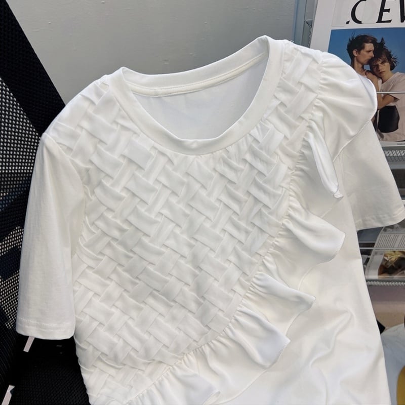 ウェービング&プレーンパターンフリルデザインTシャツ