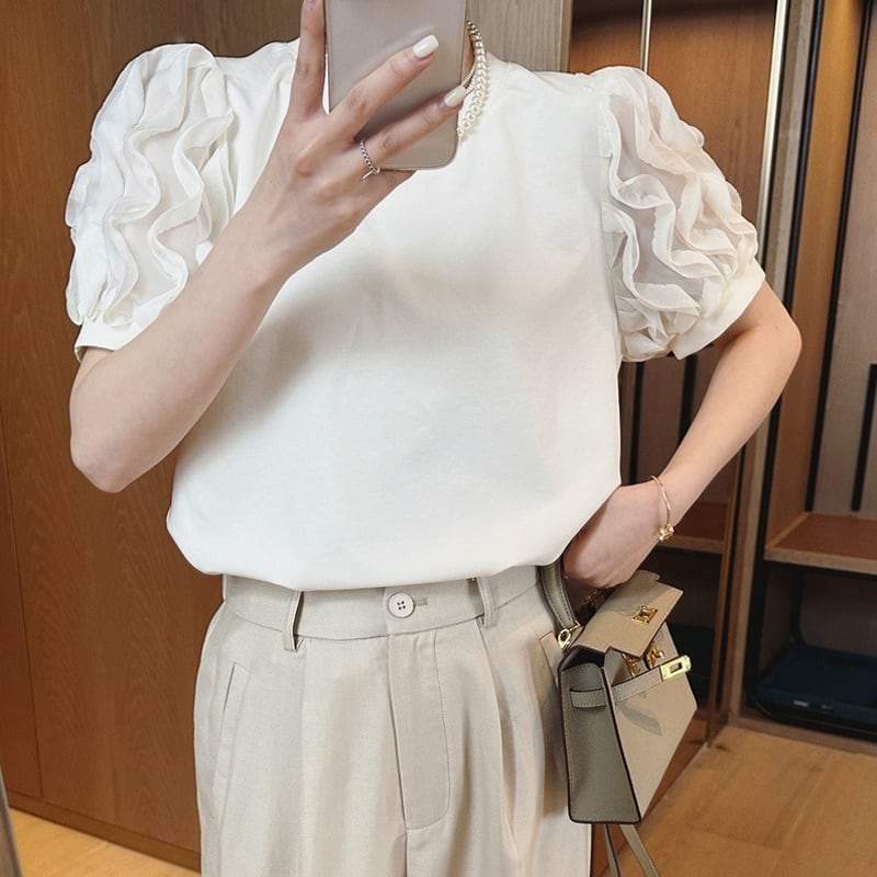 フリル&シースルースリーブTシャツ