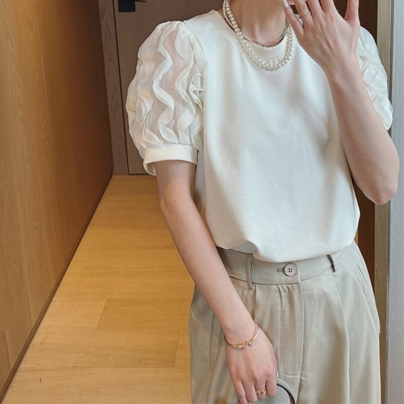 フリル&シースルースリーブTシャツ