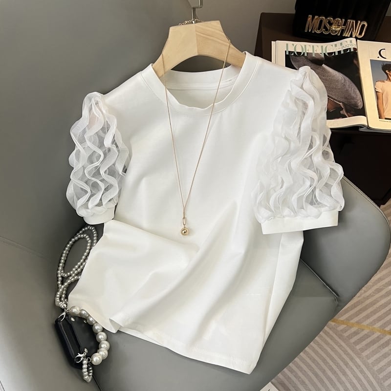 フリル&シースルースリーブTシャツ