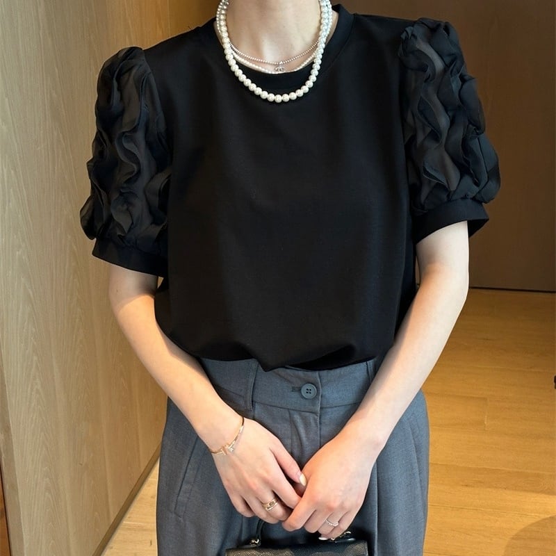 フリル&シースルースリーブTシャツ