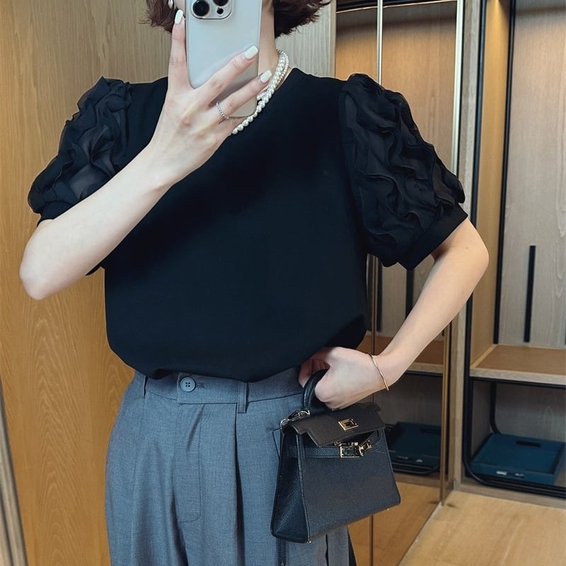 フリル&シースルースリーブTシャツ