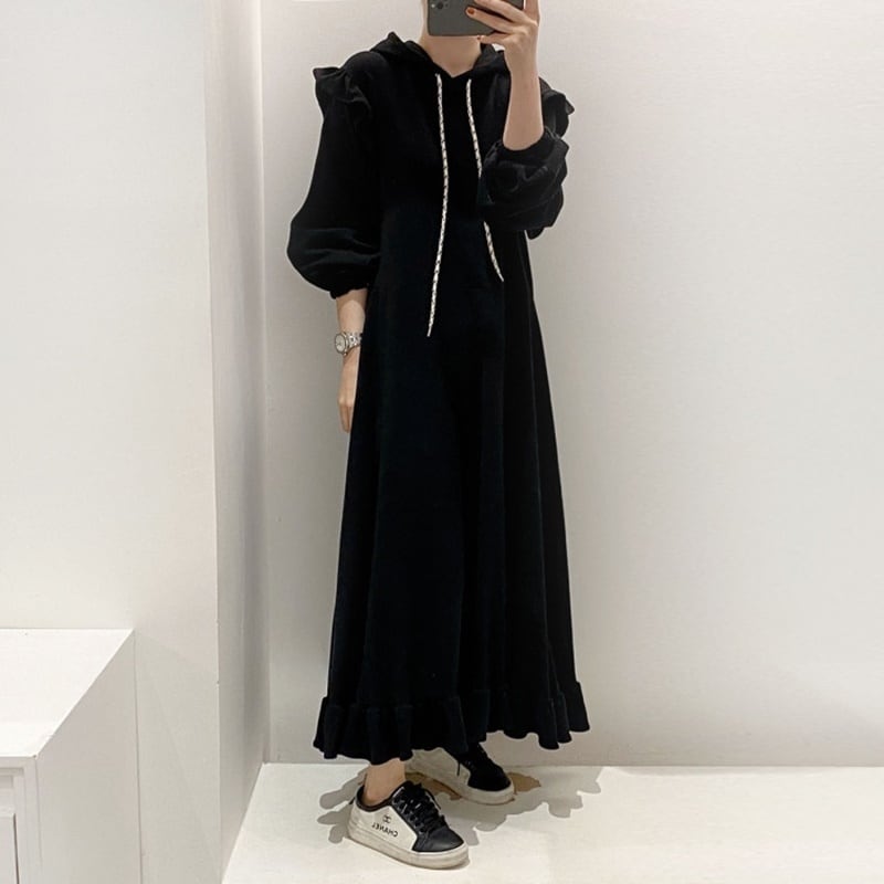 ショルダー&エッジフリルフードワンピース