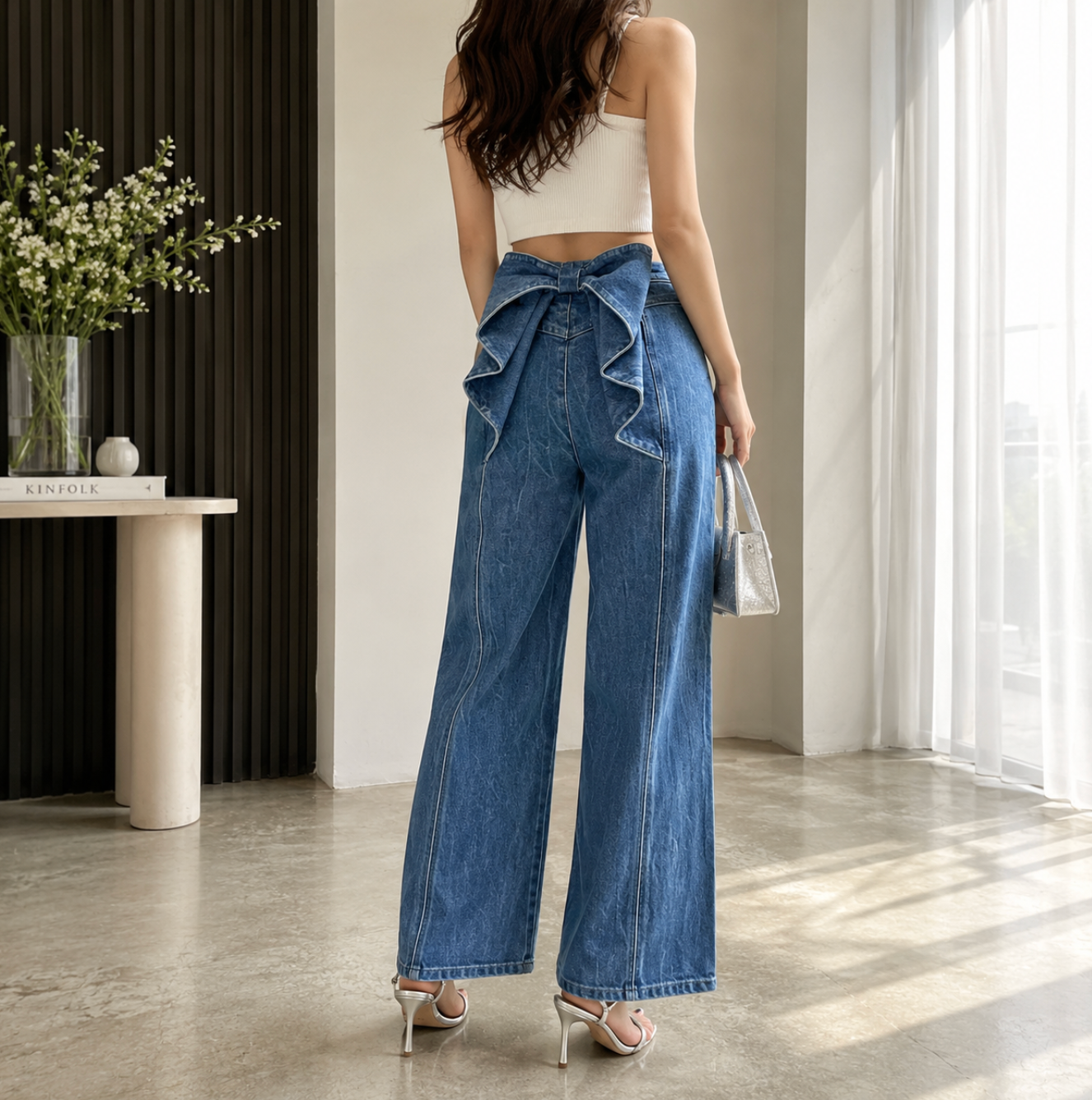 バックリボンロングデニムパンツ