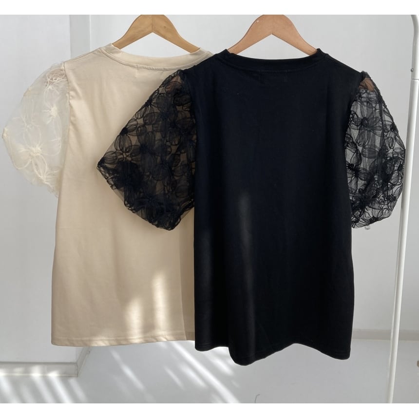 フラワーパターンシースルースリーブTシャツ