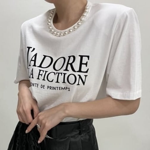 パールネック＆フレンチレタリングTシャツ