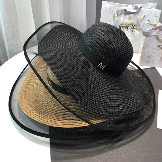 リボン＆Mイニシャルワイドストローハット