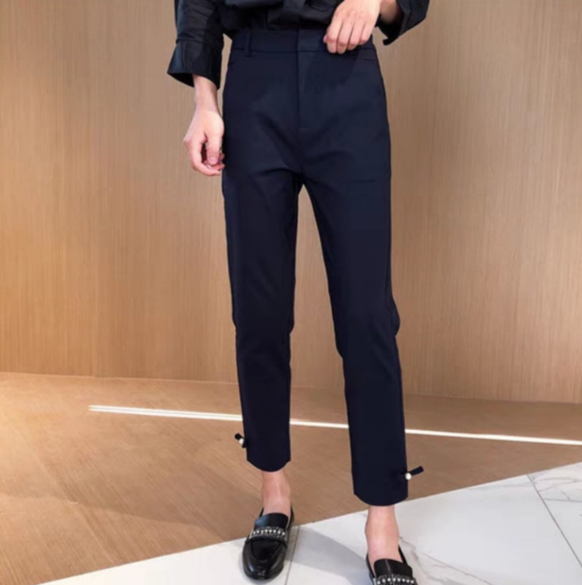【すぐお届け】パール＆リボンテーパードロングパンツ