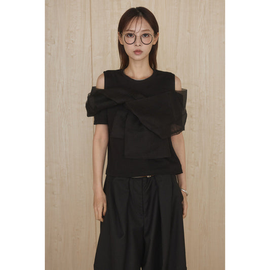 ツイストリボン オープンショルダーTシャツ