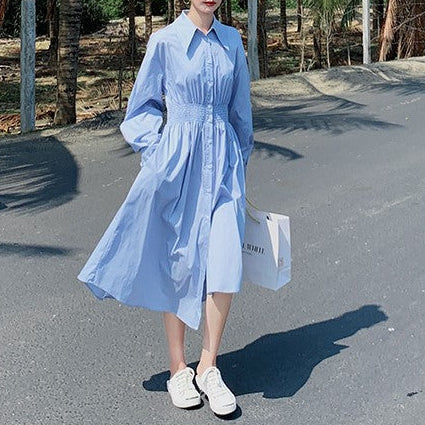 ギャザーウエスト＆ウェーブヘムミディシャツワンピース